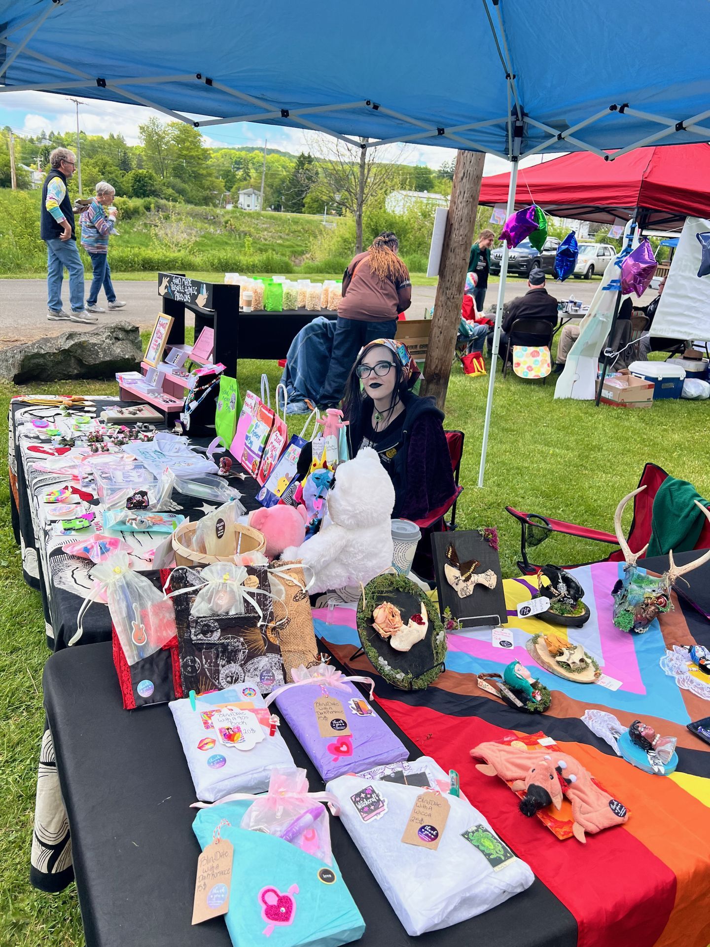 Vertical shot of an outdoor craft fair vendor booth under a blue pop-up canopy, its table draped in a bold rainbow-striped cloth and covered with handmade goods — folded tees with hang tags, small stuffed animals, moss-framed botanical art, organza bags, and assorted small crafts. The vendor, a pale woman with black lipstick, dark hair, and a colorful headband, sits centered behind the table in a red camp chair. Fairgoers and a neighboring red canopy are visible in the blurred background, set against a green hillside and overcast sky.