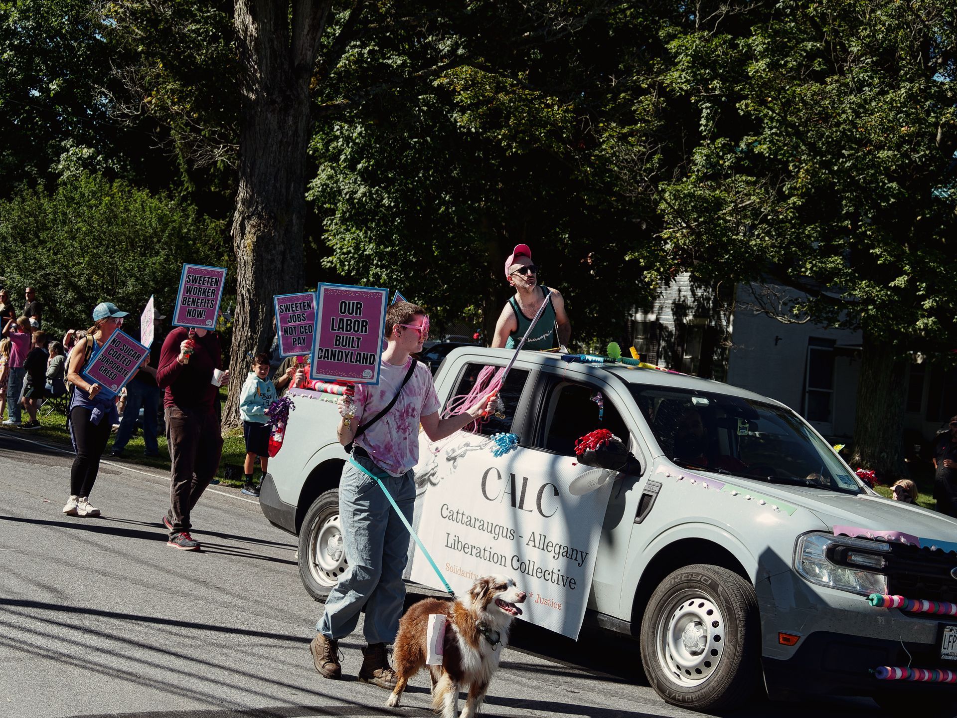 Outdoor parade scene on a sunny street, with marchers carrying bright pink and blue protest signs reading "SWEETEN WORKER BENEFITS NOW!," "SWEETEN JOBS NOT CEO PAY," and "OUR LABOR BUILT CANDYLAND." In the foreground, a person in a tie-dye shirt and pink sunglasses walks a brown-and-white dog on a teal leash beside a white pickup truck decorated with colorful streamers and a banner reading "CALC — Cattaraugus-Allegany Liberation Collective — Solidarity... Justice." A person stands through the truck's sunroof; dense green trees and parade onlookers fill the background.