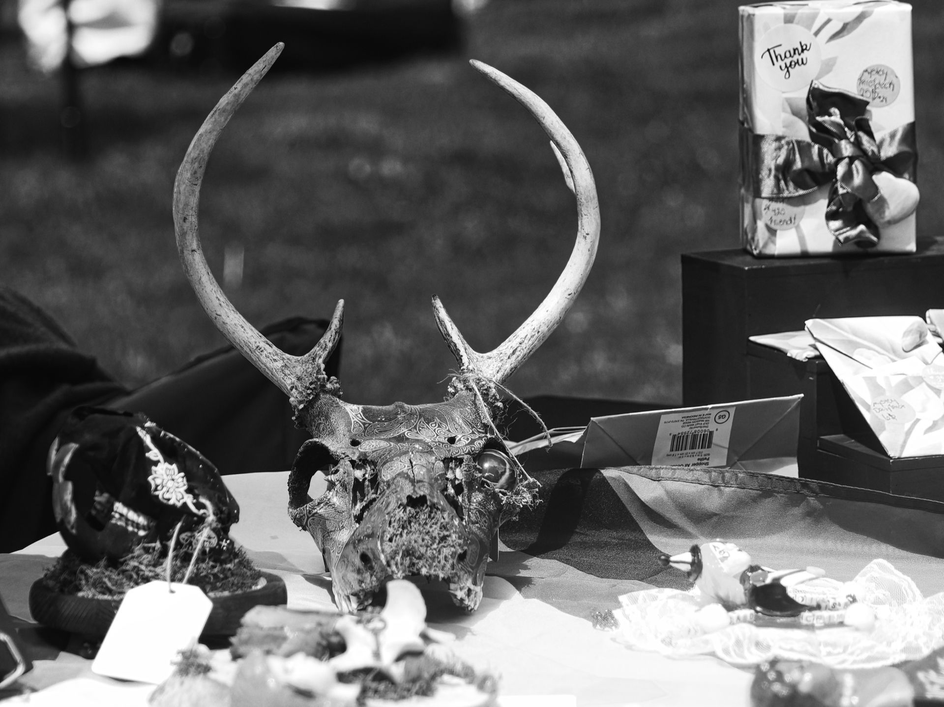 Black-and-white shot of an intricately etched deer skull with large branching antlers displayed on a vendor table, surrounded by small figurines, price tags, and wrapped gift boxes — one reading "Thank you" — blurred in the shallow depth of the background.