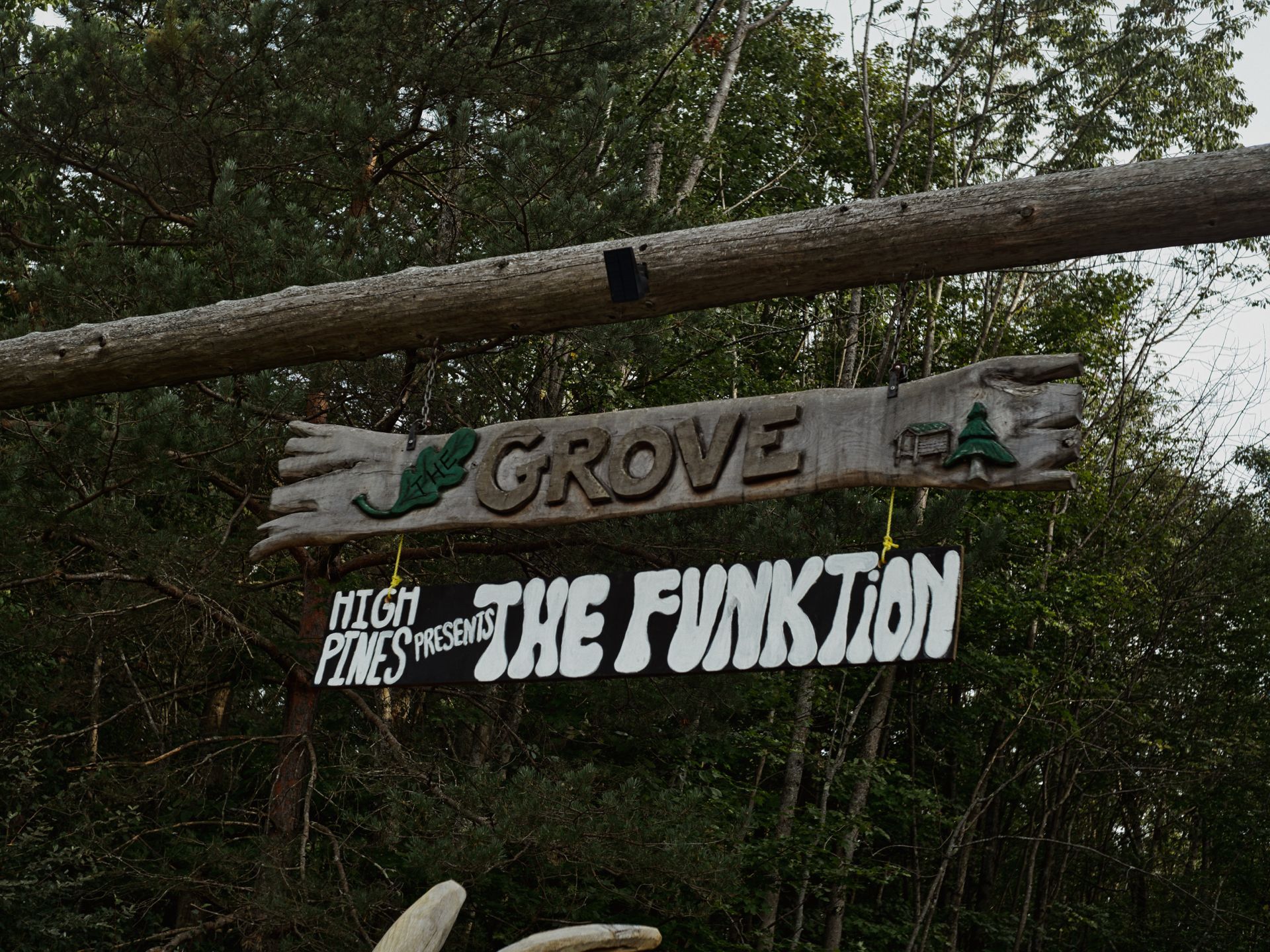 A weathered wooden log spans horizontally across the frame, suspending two signs against a dense backdrop of dark green trees. Above, a hand-carved wooden sign reads "THE GROVE" with sculpted hands at each end and a carved pine tree motif; below it hangs a black-and-white banner reading "HIGH PINES presents THE FUNKTION."