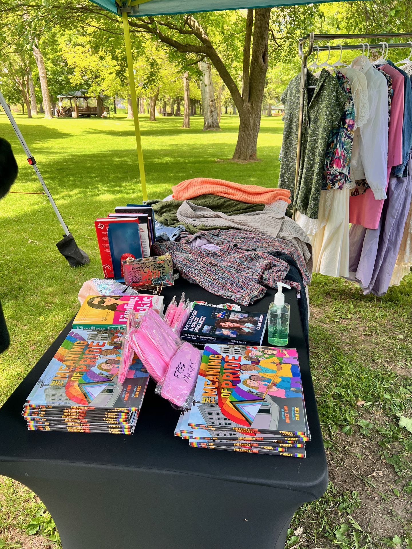 Outdoor vendor table under a green canopy in a sunny park, stacked with multiple copies of a colorful illustrated book titled *The Meaning of Pride* by Sam Kirk, alongside a bundle of pink face masks labeled "Free Mask" in marker, a pump bottle of green hand sanitizer, and several other books including *The Teacher in Space Project*. Folded clothing and a tweed jacket occupy the back of the black-draped table, with a clothing rack hung with dresses and jackets blurred in the background right.