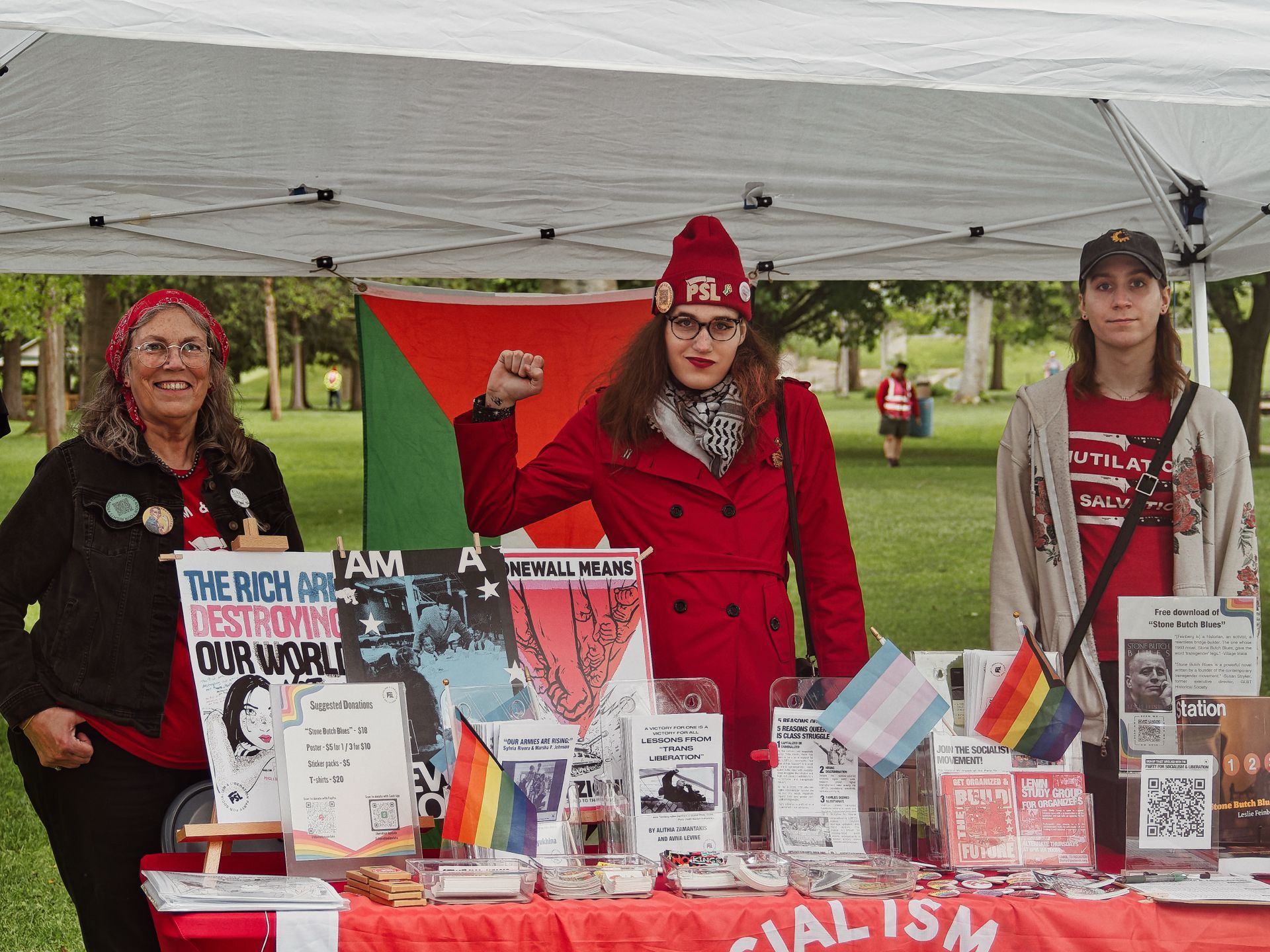 Three people stand behind a literature table draped in a red "SOCIALISM" banner under a white canopy tent in a park. The center figure wears a red coat and an FSL beret with a raised fist, a keffiyeh around their neck, standing in front of a red-and-green flag; to their left, an older woman smiles in a black denim jacket with pins; to their right, a younger person in a gray jacket over a red "MUTILATION/SALVATION" shirt. The table is crowded with pamphlets, zines — including "Lessons from Trans Liberation" and "Our Arms Are Rising" — transgender and rainbow pride flags, buttons, and a sign reading "THE RICH ARE DESTROYING OUR WORLD," with a poster reading "STONEWALL MEANS" partially visible behind the center figure.