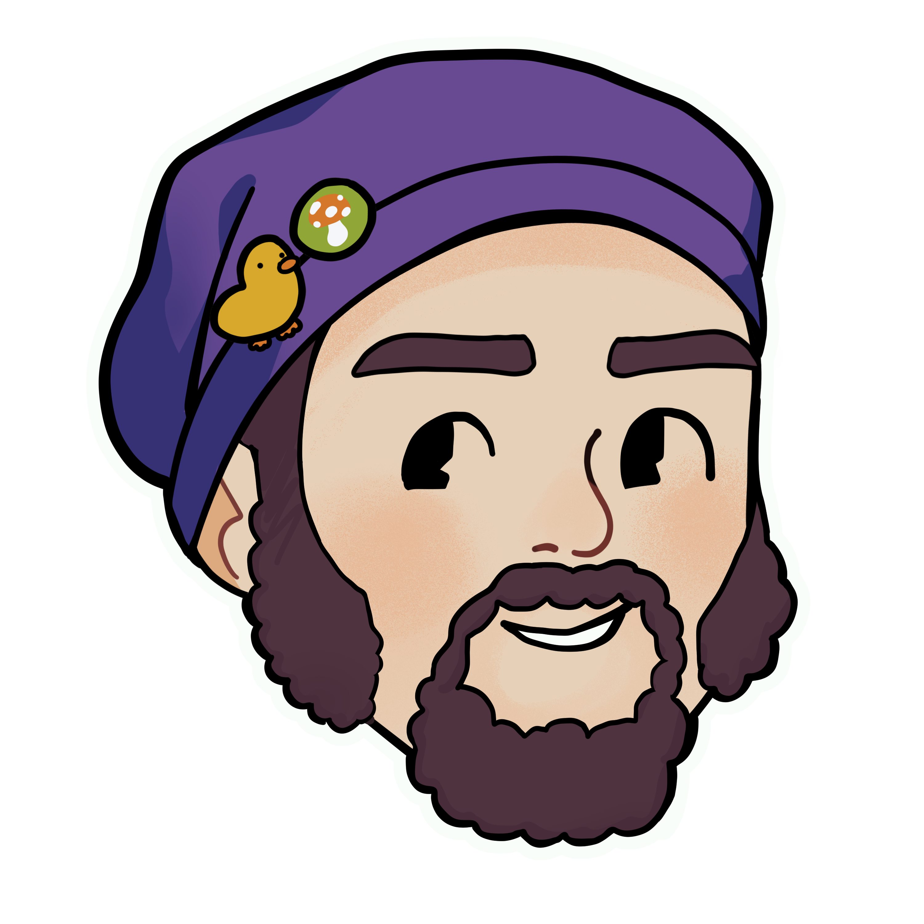 Illustration of a white face with bushy muttonchop sideburns, a moustache and goatee, a knit beanie with enamel mushroom pins in it, and a tie dye shirt.